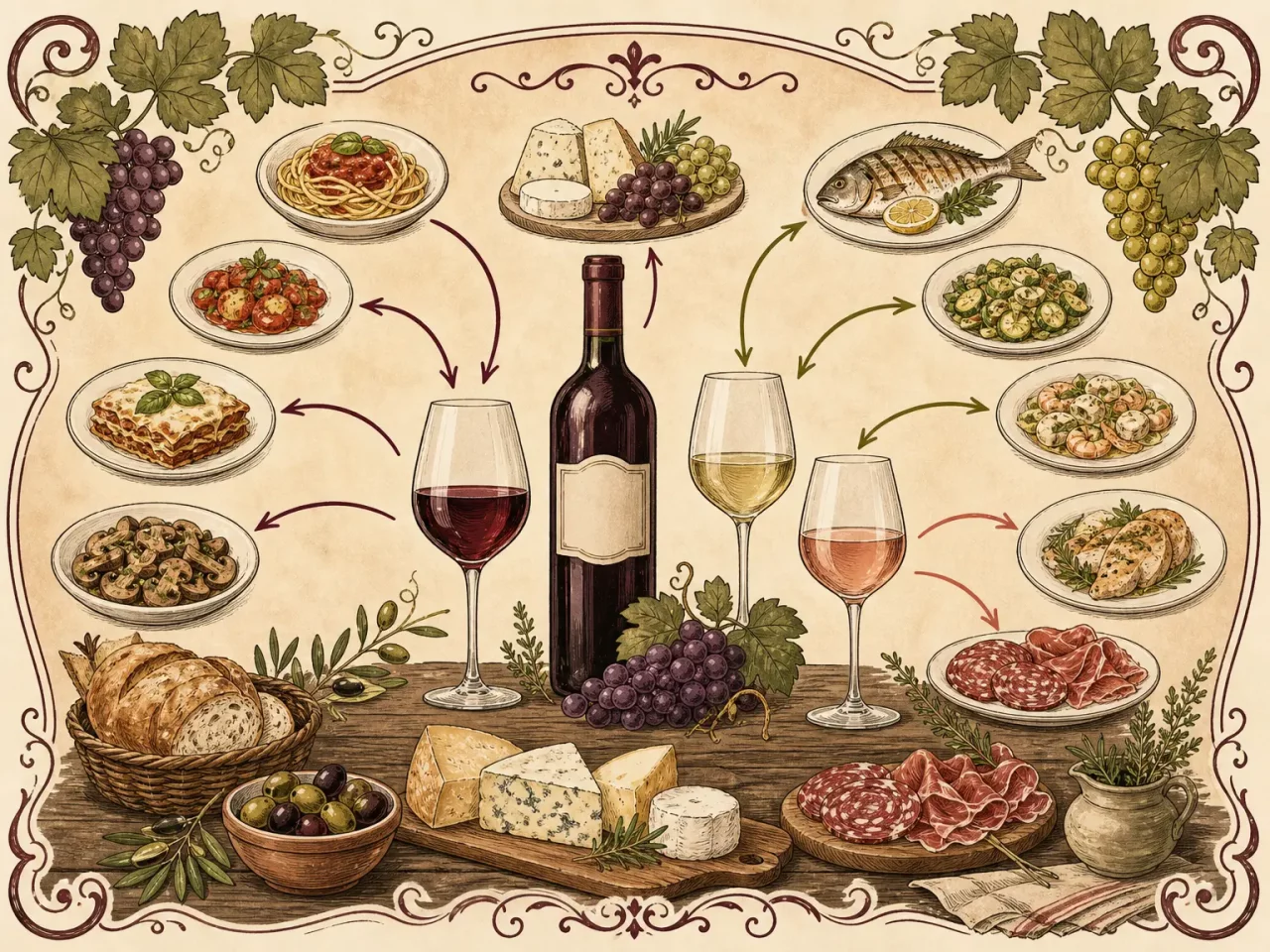 Hand-drawn food and wine pairing guide with wine glasses, Italian dishes, grapes, and pairing arrows