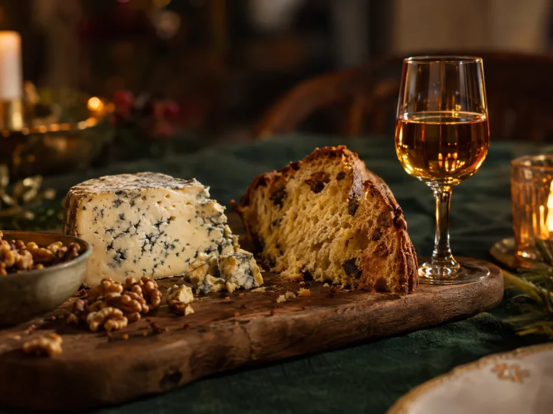 Stilton, walnuts and panettone with a small glass of amber sweet wine