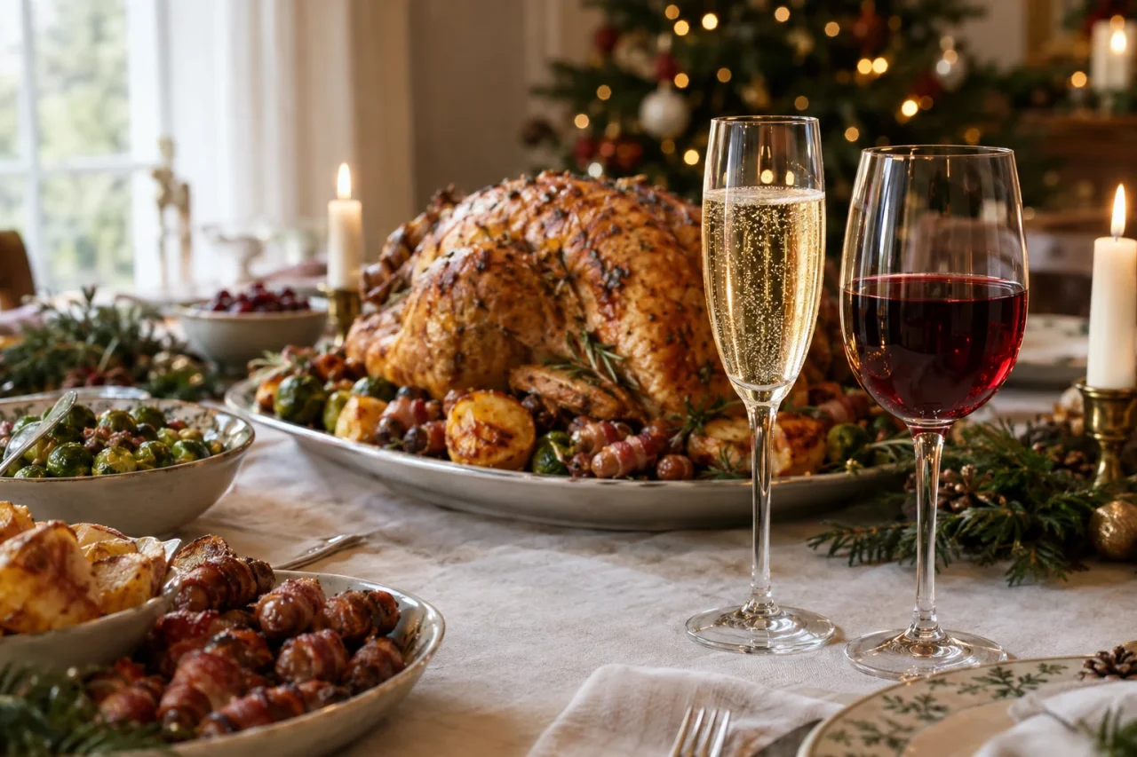 A Christmas dinner table with roast turkey, a flute of Italian sparkling wine and a glass of red