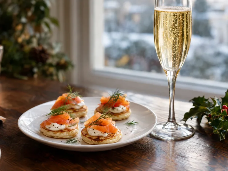 Smoked salmon blinis beside a flute of Italian sparkling wine