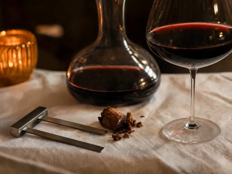 A two-pronged cork puller, an old cork and a glass of mature red wine set out on linen
