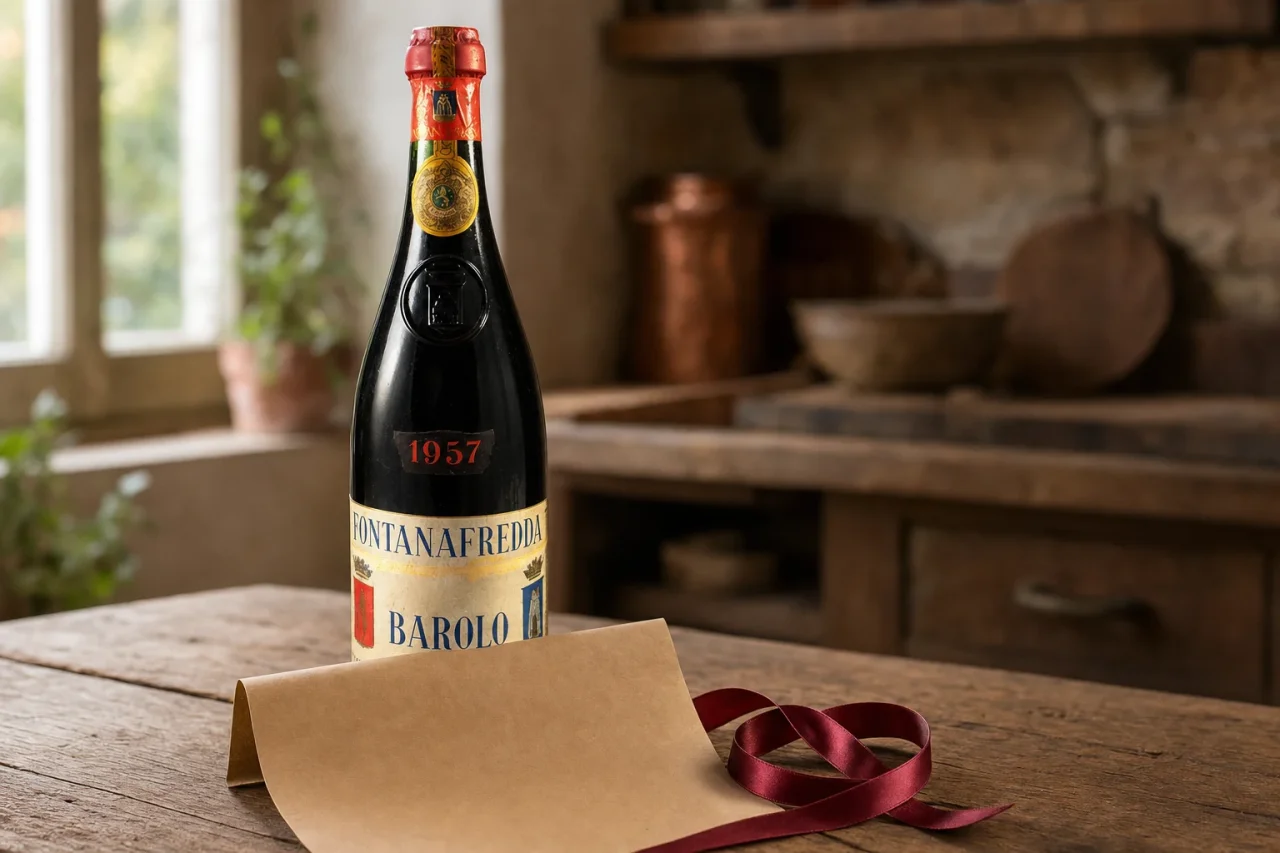 A 1957 Fontanafredda Barolo standing beside brown paper and ribbon, ready to be wrapped as a birth-year gift