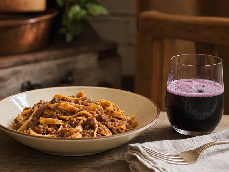 Bowl of tagliatelle in meat ragu beside a tumbler of dark sparkling Lambrusco with a violet foam collar
