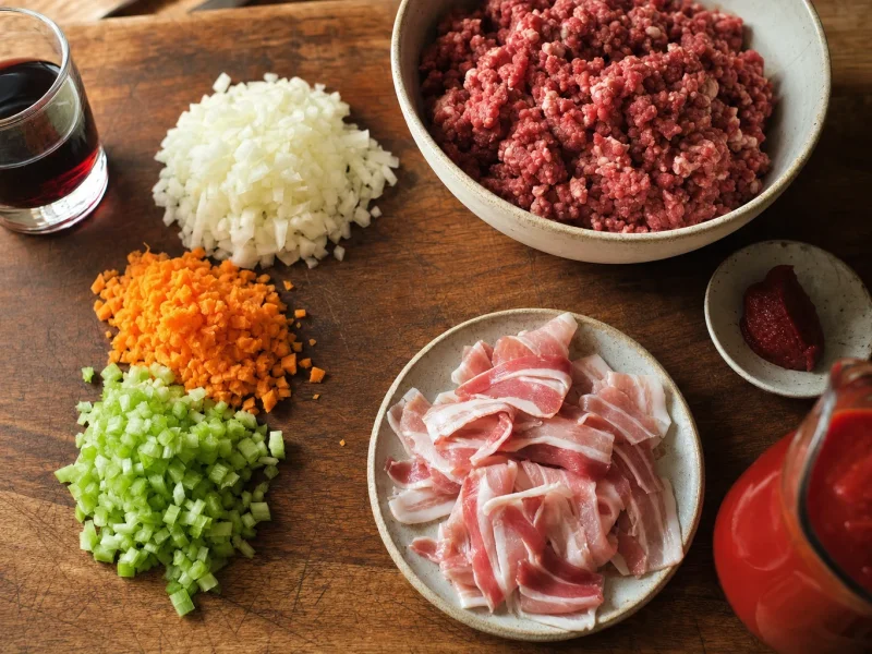 Chopped onion, carrot, celery, sliced pancetta, minced beef and passata laid out on a wooden board