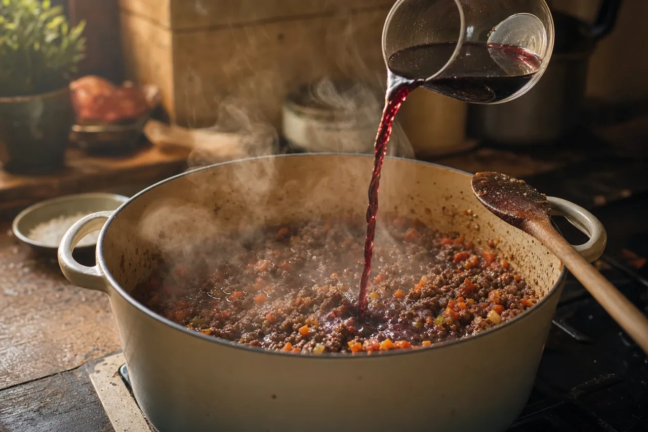 Dark red wine poured from a glass into a casserole of browned mince and soffritto, steam rising