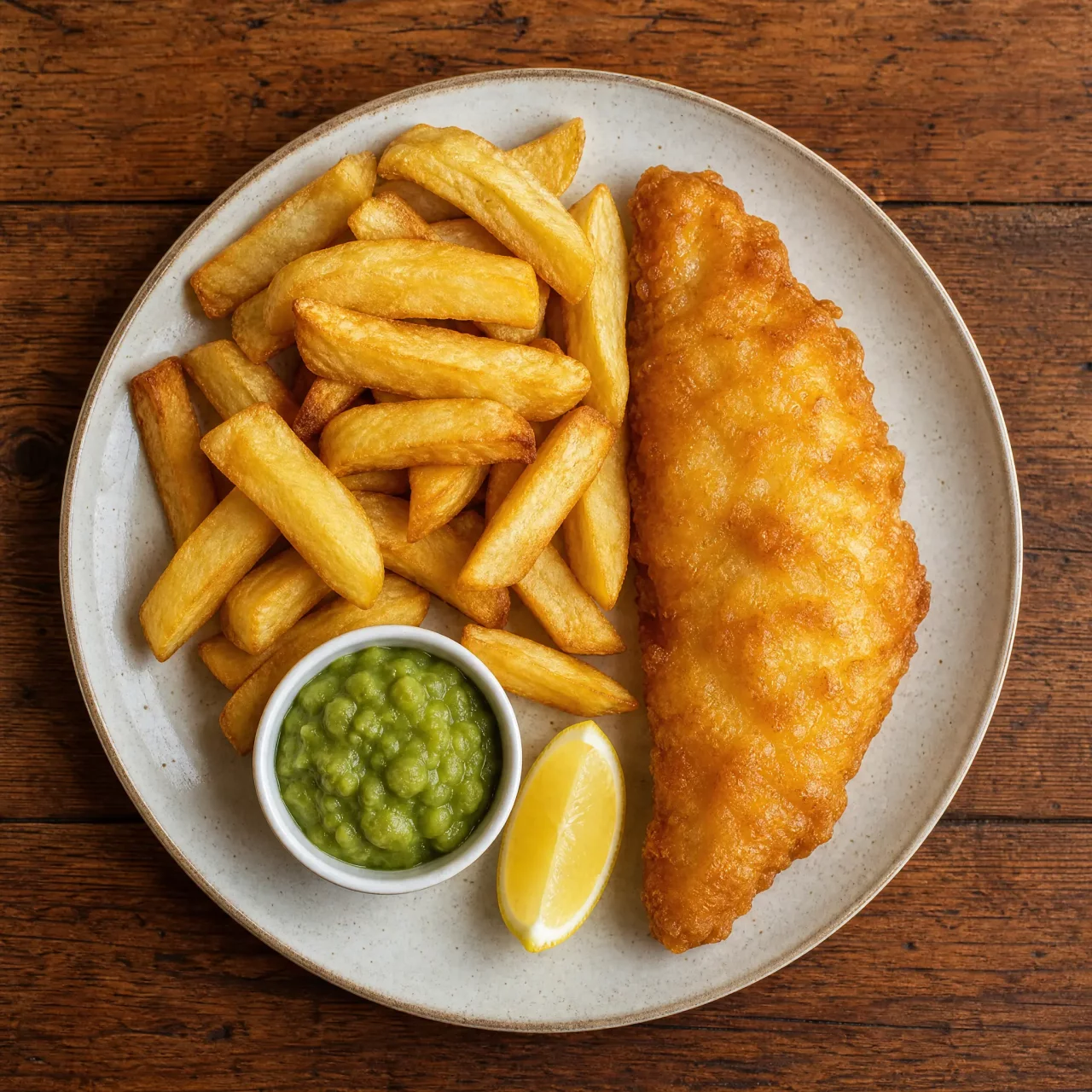 British fish and chips with mushy peas and lemon on a rustic wooden table