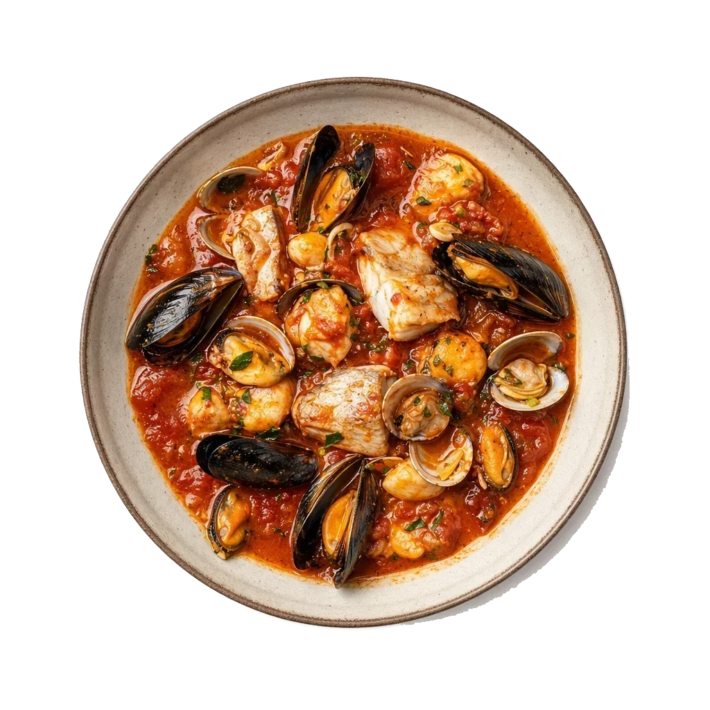 Brodetto alla giuliese on stoneware bowl with Clams, Cod, Garlic