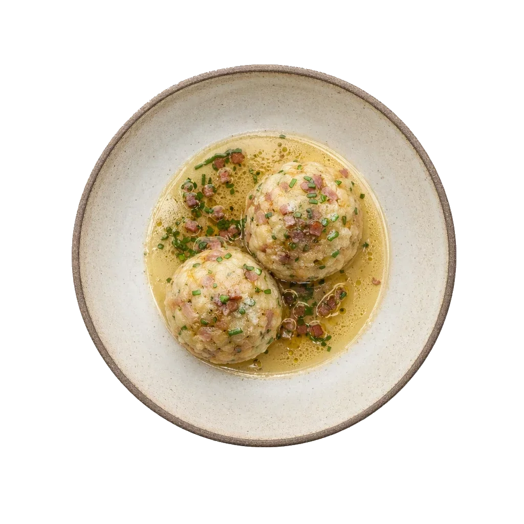 Canederli on stoneware bowl with Bread, Butter, Egg