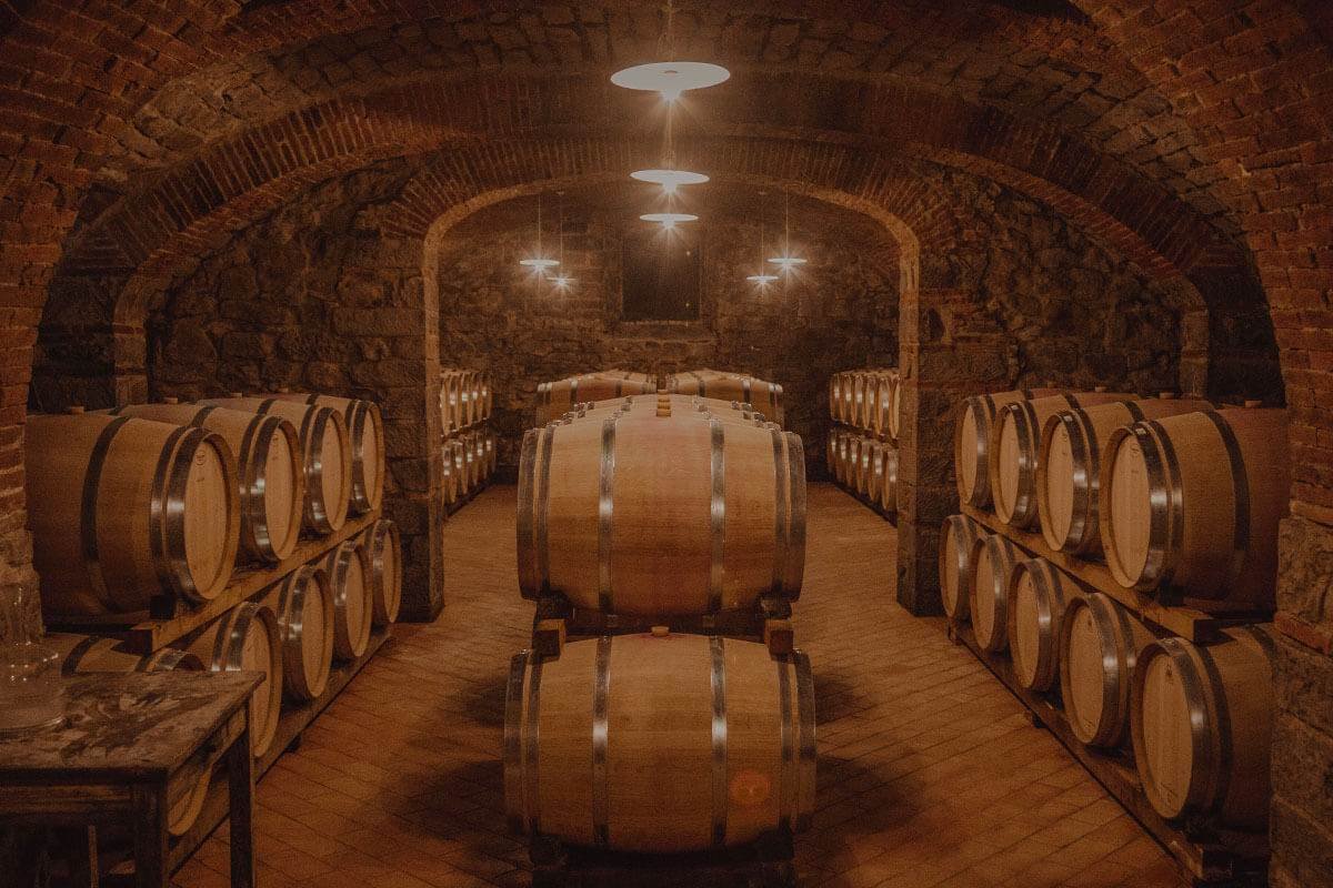 Oak barrels under the vaulted brick ceiling of the ageing cellar at Lamole di Lamole
