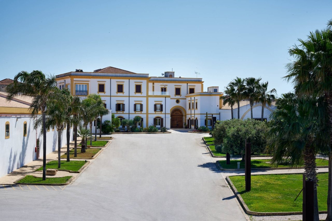 The courtyard and ochre buildings of Cantine Florio in Marsala, with palm trees along the drive