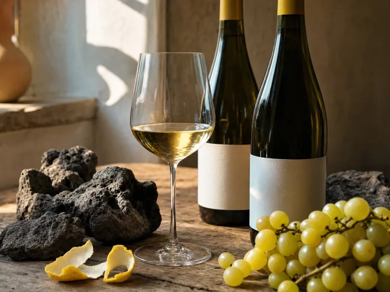 Carricante-led Etna Bianco bottles with white grapes and volcanic stones