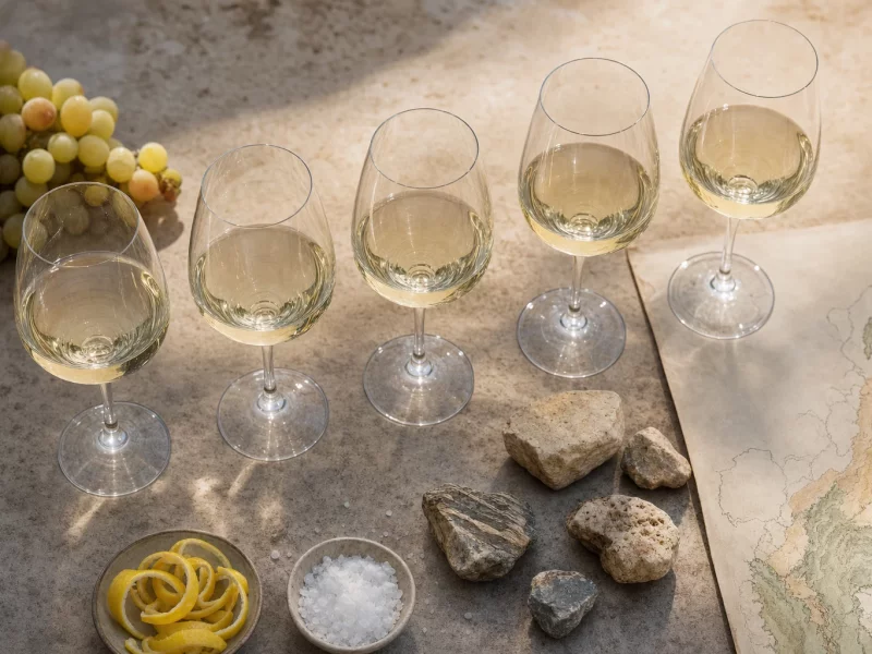 Italian white wine comparison with glasses, citrus and vineyard stones