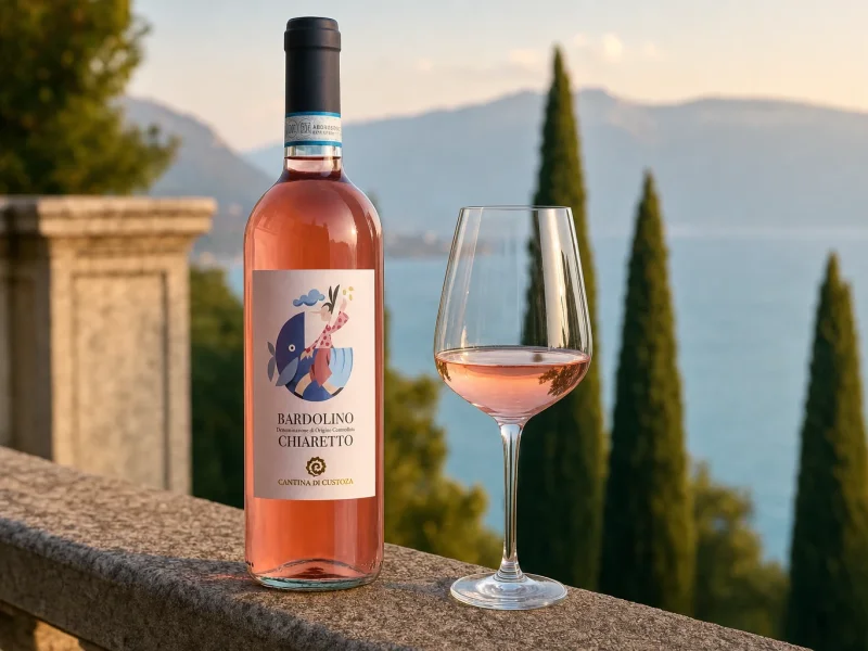 Cantina di Custoza Bardolino Chiaretto and a pale rosato glass above Lake Garda