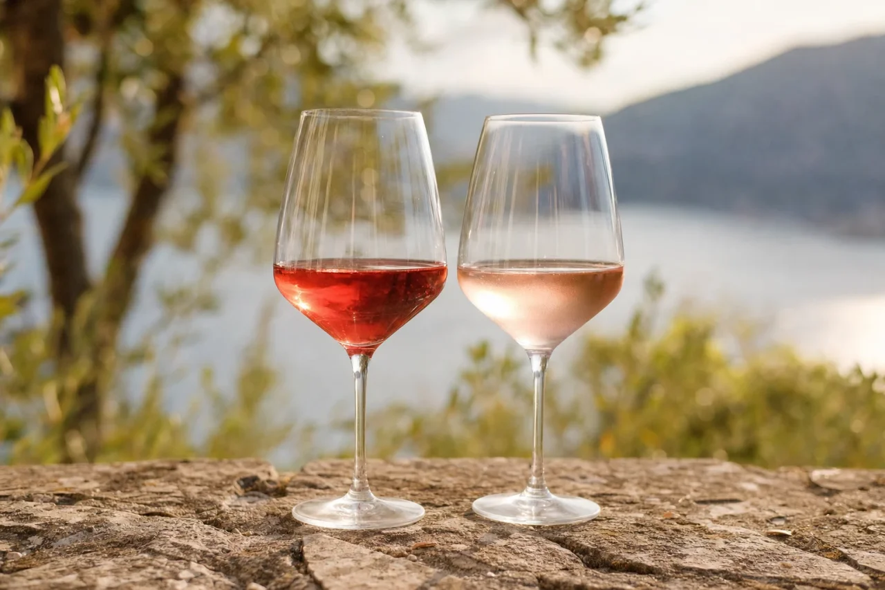 Cherry-deep Cerasuolo and pale Chiaretto rosato glasses side by side on a stone table by lake light