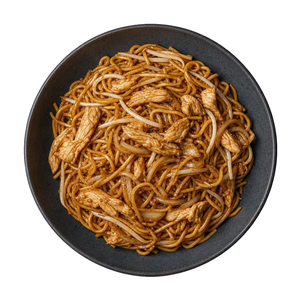 Chicken chow mein, plated