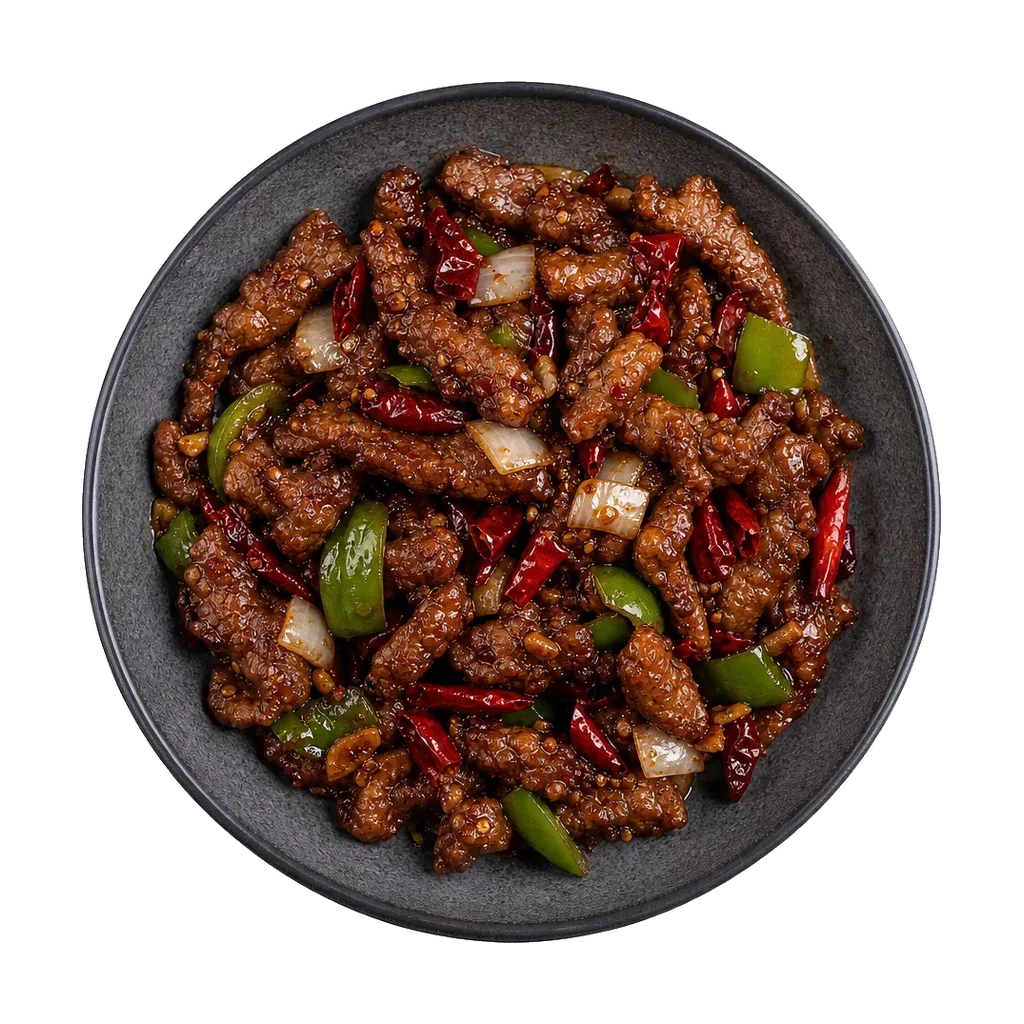 Crispy chilli beef, plated