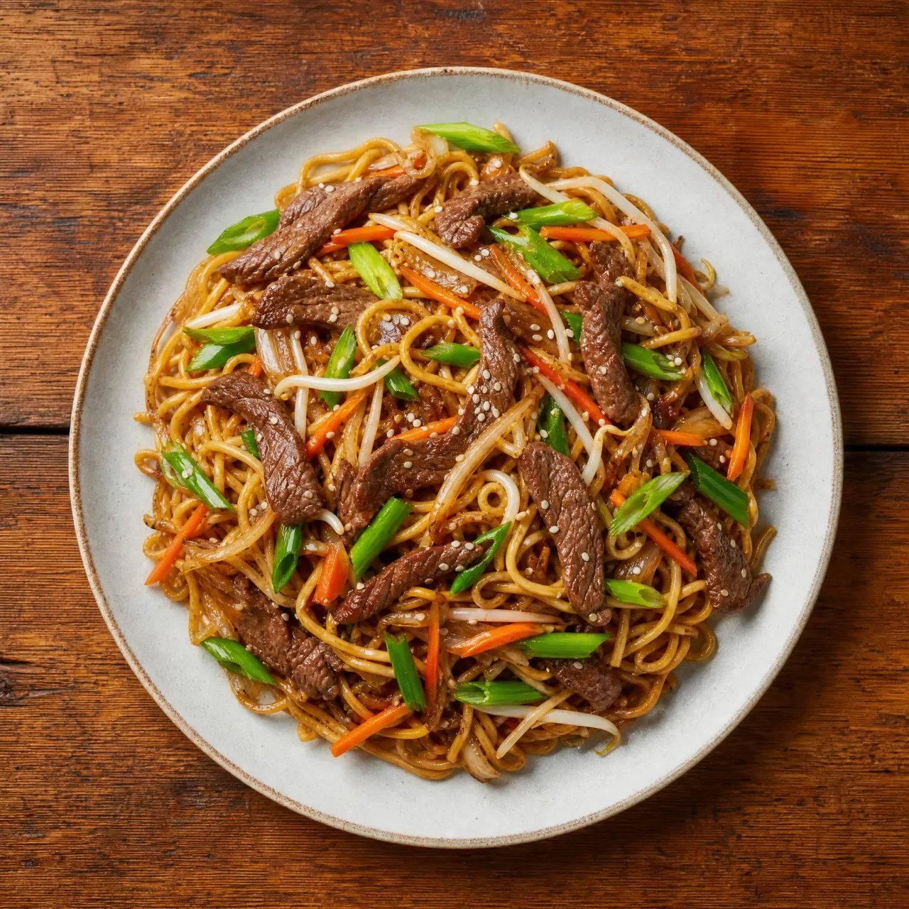Chinese beef chow mein with noodles, beef and vegetables on a wooden table