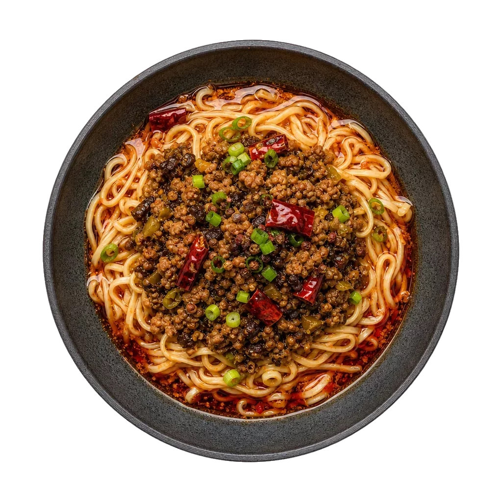 Dan dan noodles, plated