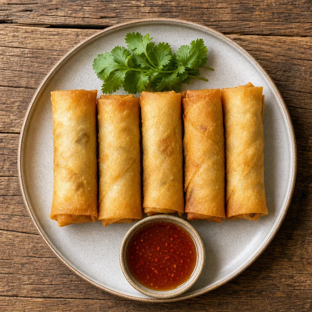 Chinese Cuisine Dim sum featuring Spring rolls, overhead plated dish