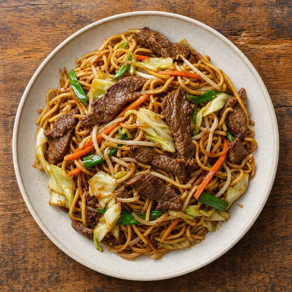 Chinese Cuisine Noodles featuring Beef chow mein, overhead plated dish