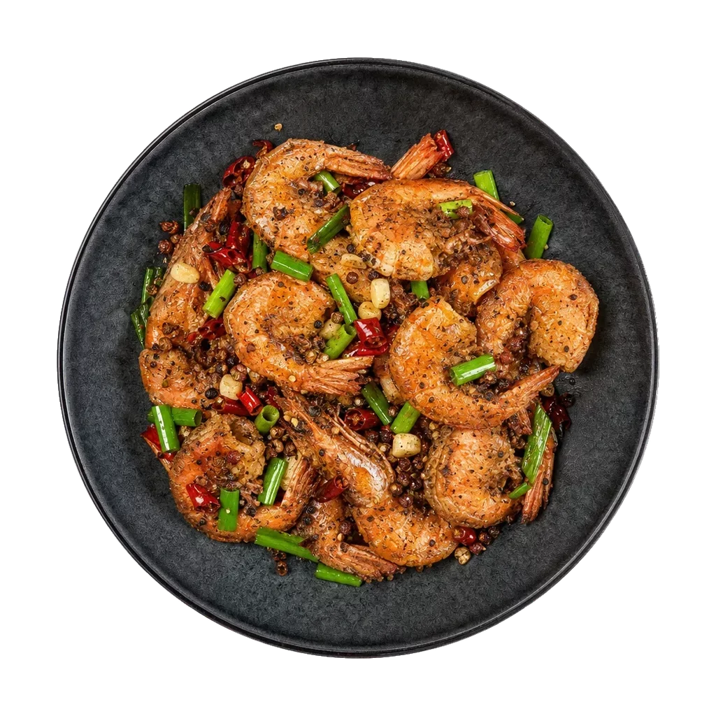 Salt and pepper prawns, plated