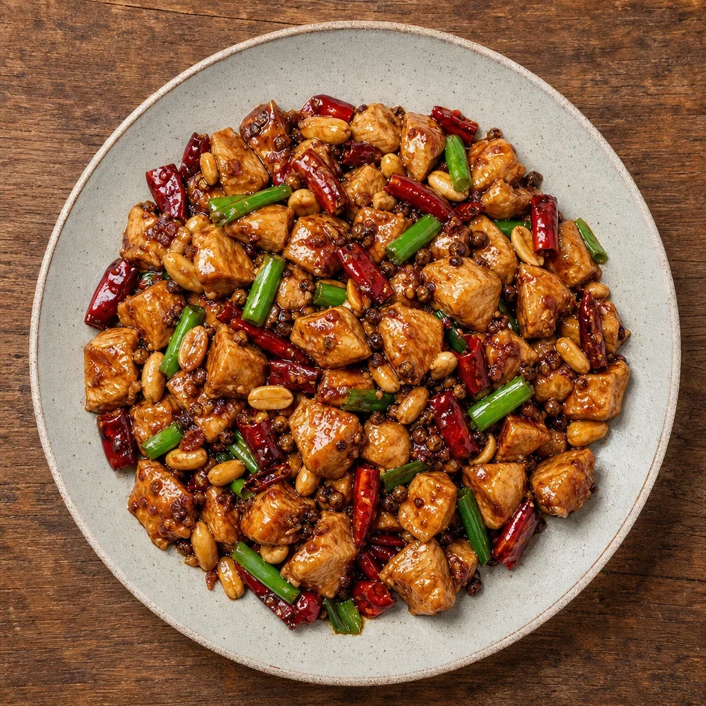 Chinese Cuisine Stir-fries featuring Kung pao chicken, overhead plated dish