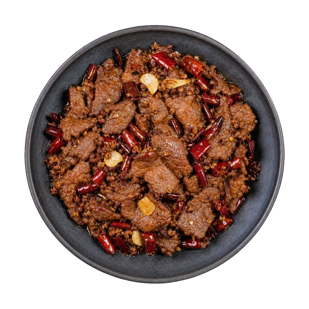 Szechuan beef, plated