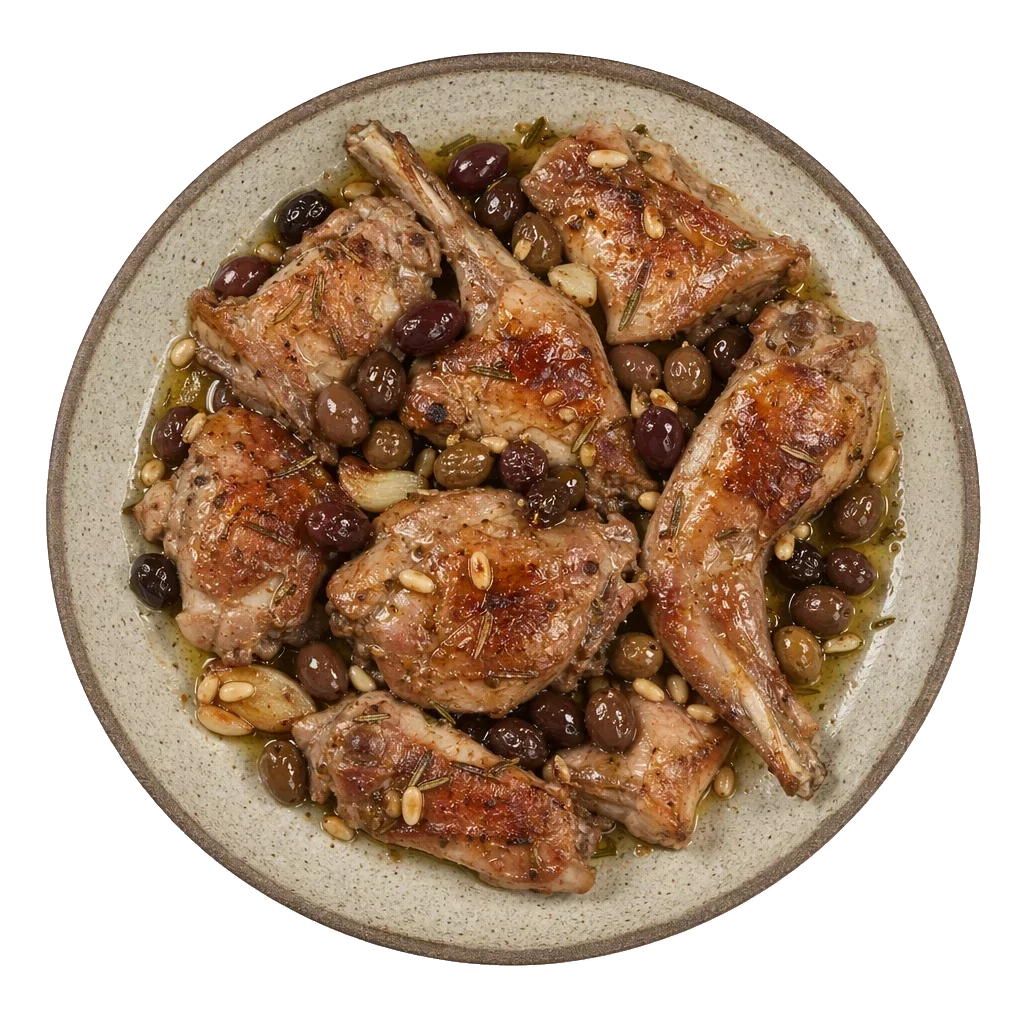 Coniglio alla ligure on stoneware bowl with Garlic, Olive, Olive Oil