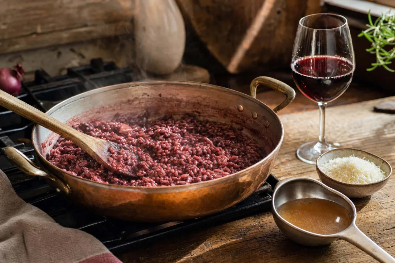 Risotto part way through cooking in a copper pan, the rice stained ruby by red wine, a glass beside it