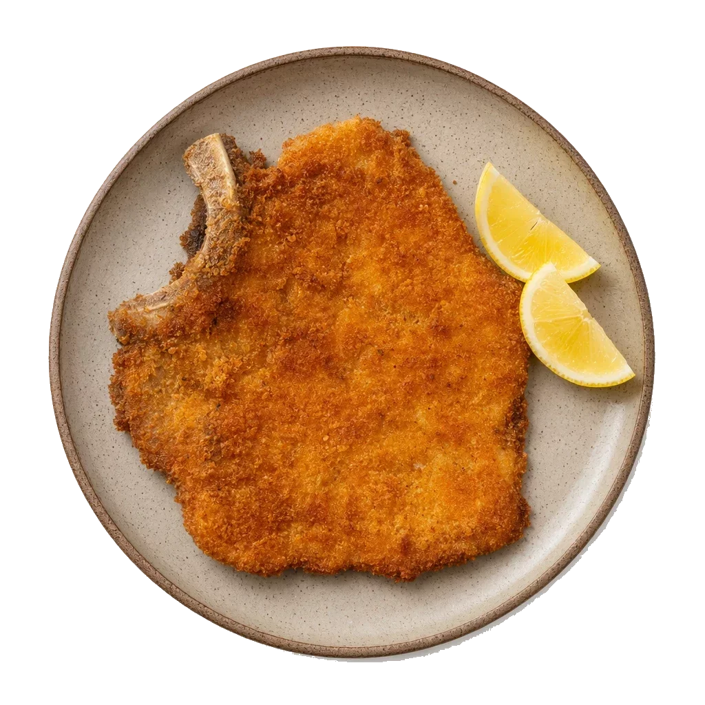 Cotoletta alla Milanese on stoneware bowl with Bread Crumbs, Butter, Egg