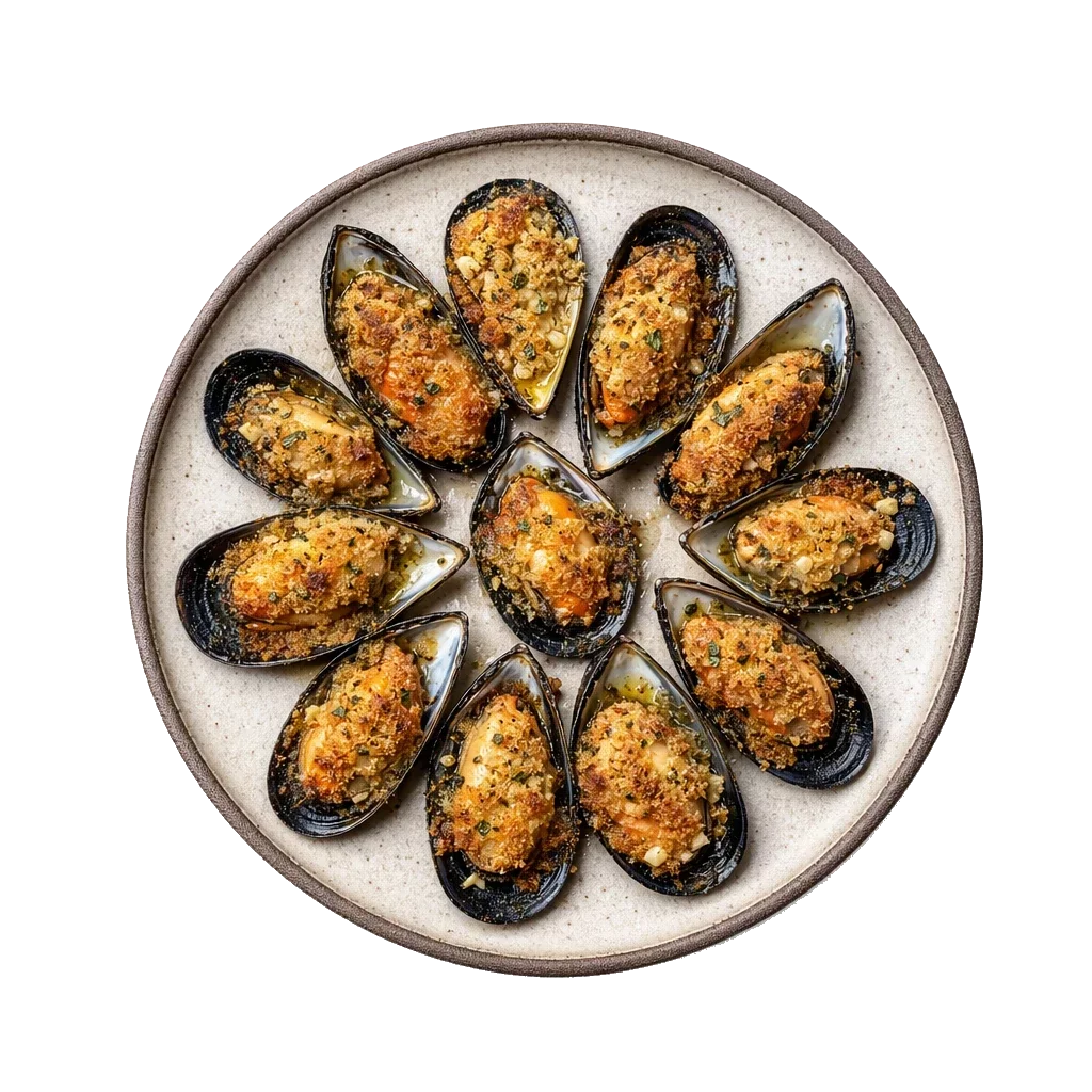 Cozze arraganate on stoneware bowl with Bread Crumbs, Garlic, Mussels