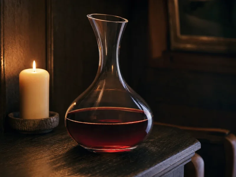 Red wine in a glass decanter beside a lit candle used to check for sediment