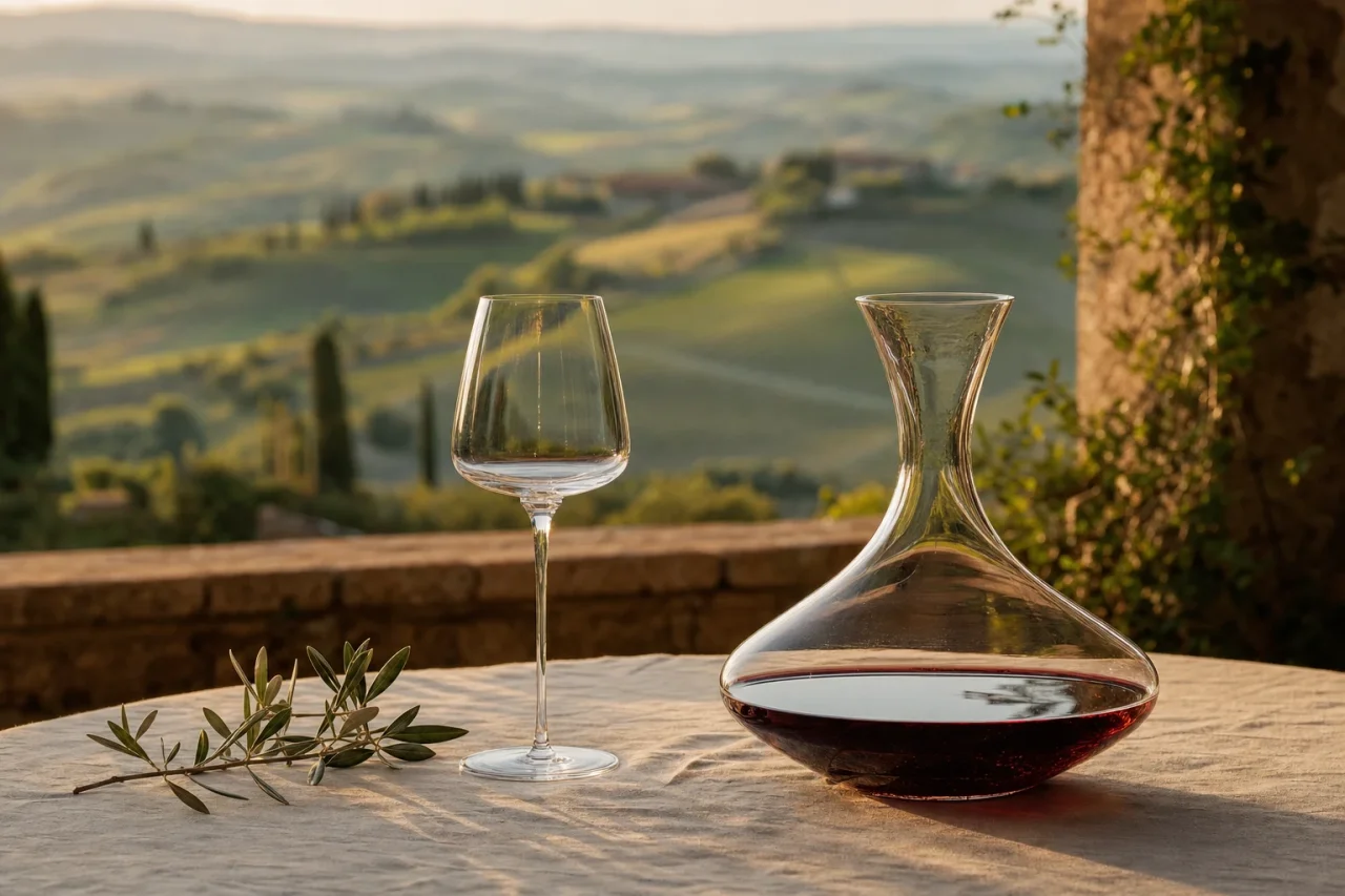 Wide-based wine decanter filled with red wine beside an empty glass on an Italian terrace at golden hour