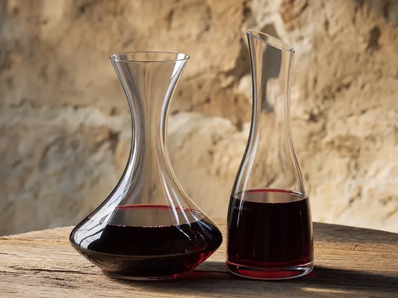 Wide-based decanter beside a tall slender carafe, both holding red wine, on a wooden table