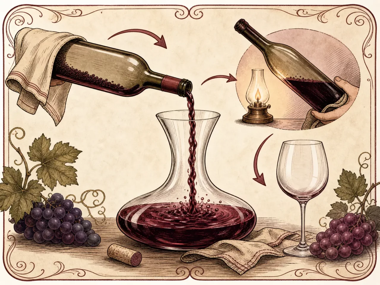 Hand-drawn wine decanting guide with bottle, decanter, sediment, candle, glass, and grapes