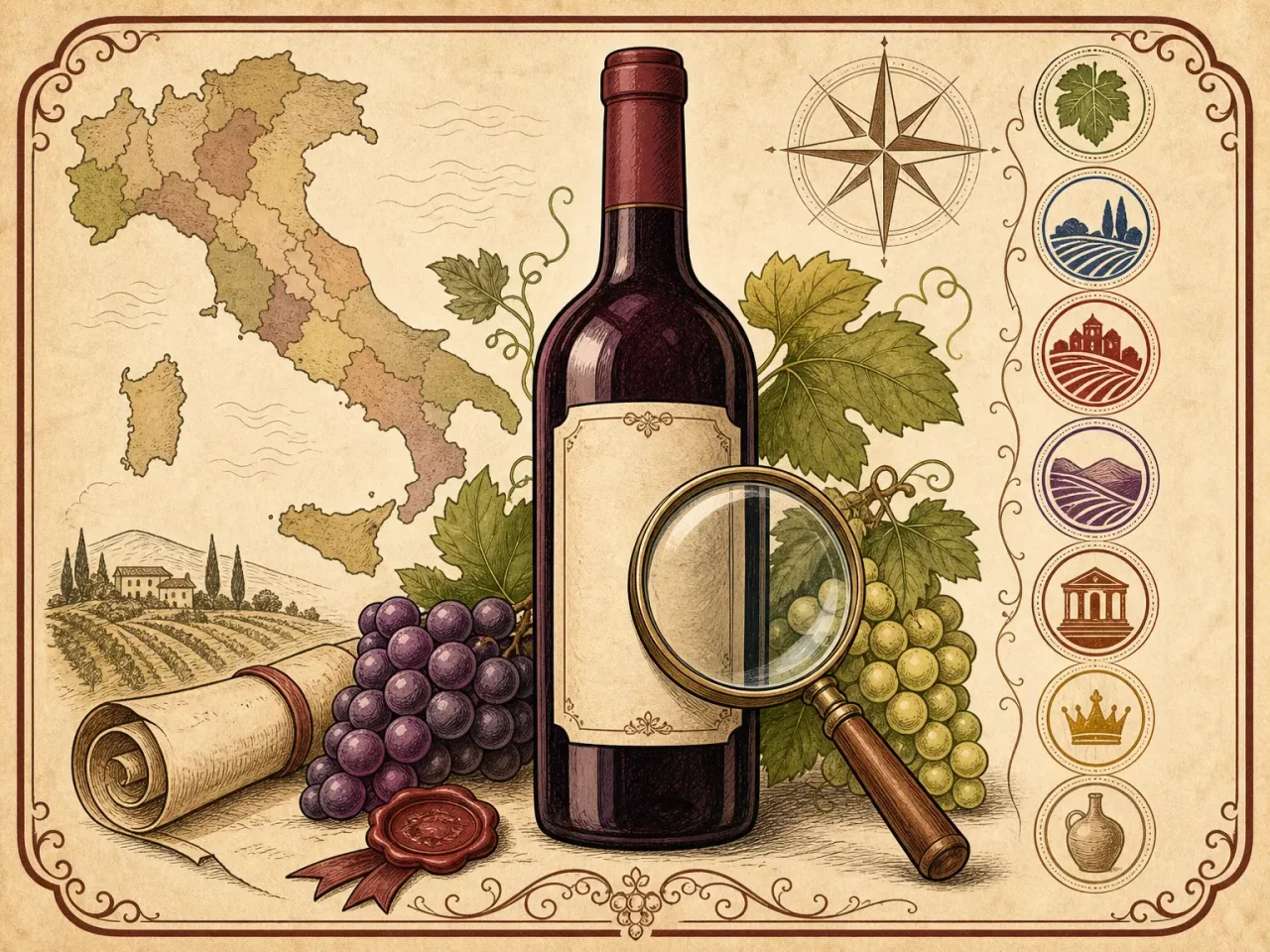 Hand-drawn Italian wine label guide with bottle, magnifying glass, seals, and grapes