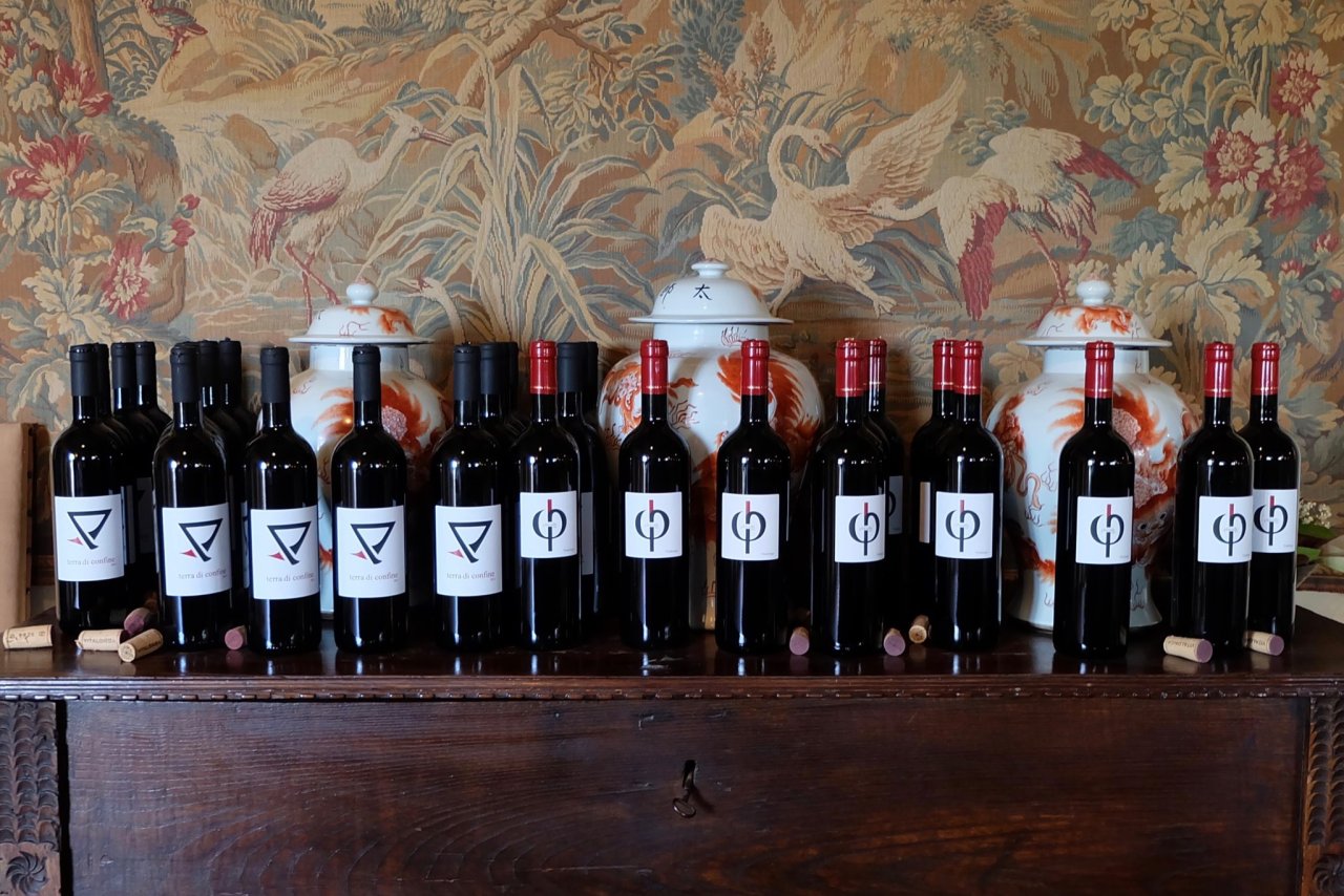 Bottles of Terra di Confine and Phiculle lined up on a sideboard at Tenuta Vitalonga