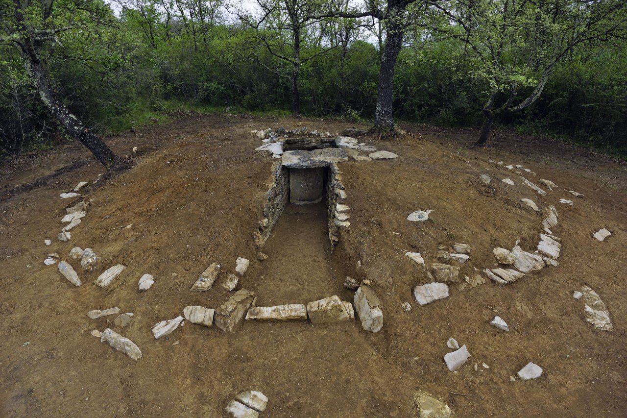 A restored Etruscan burial mound with a stone entrance in the woods on the Rocca di Frassinello estate