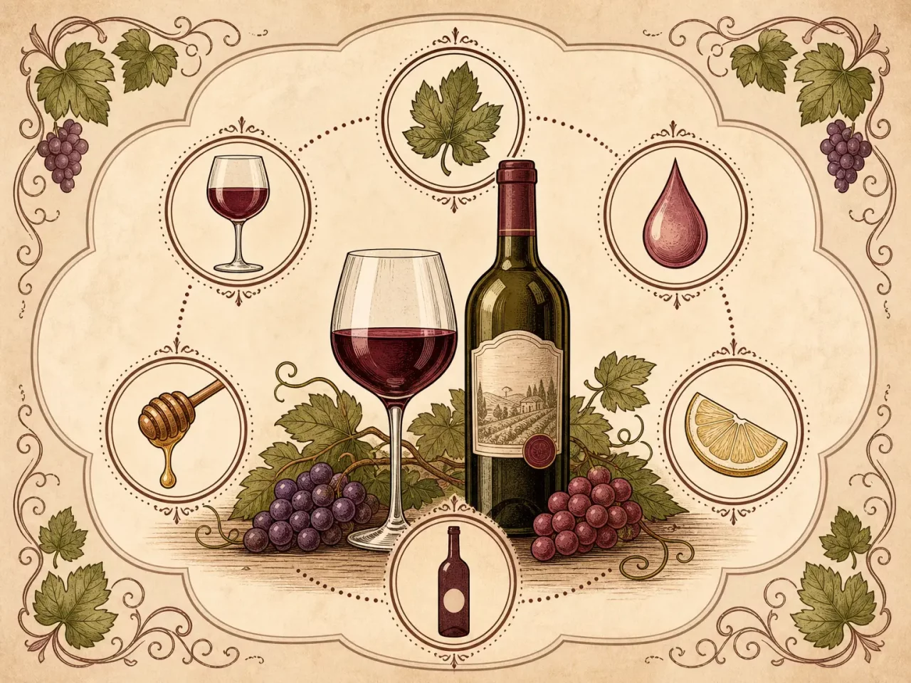Hand-drawn wine characteristics guide with glass, bottle, grapes, and five trait icons