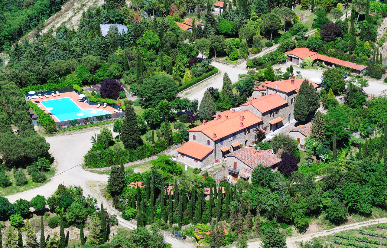 Aerial view of Buccia Nera's stone farmhouse buildings and swimming pool among cypress trees