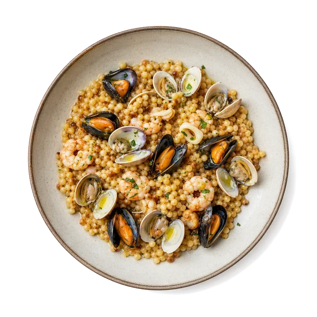 Fregula ai frutti di mare on stoneware bowl with Clams, Fregola, Garlic