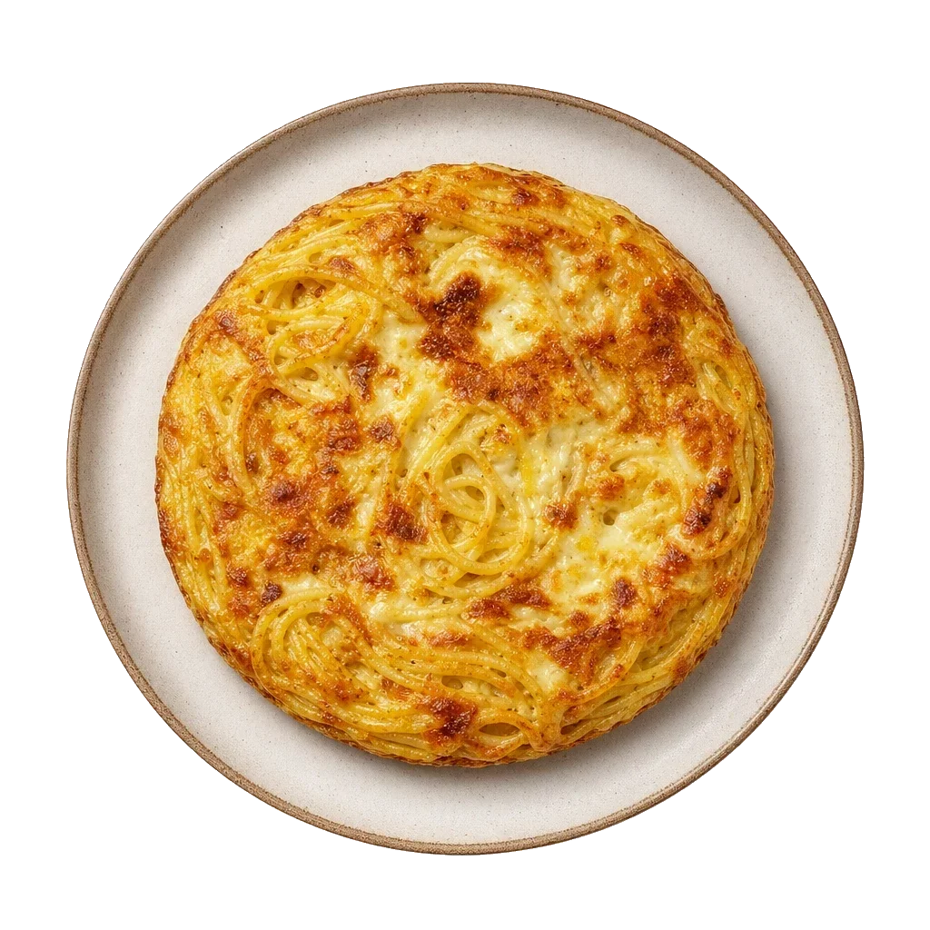 Frittata di maccheroni on stoneware bowl with Egg, mozzarella, Olive Oil