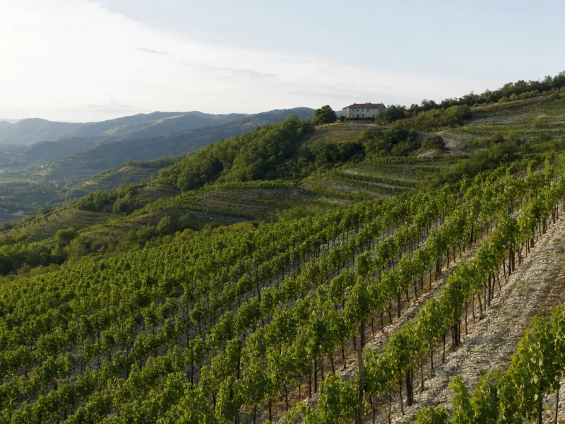 Terraced ronco vineyards on the Collio hills of Friuli, pale ponca marl soil between the rows.