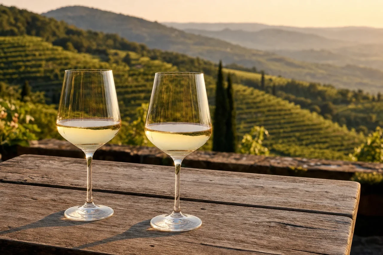 Two glasses of pale gold Friulian white wine on a wooden table before the terraced Collio vineyard hills at sunset.