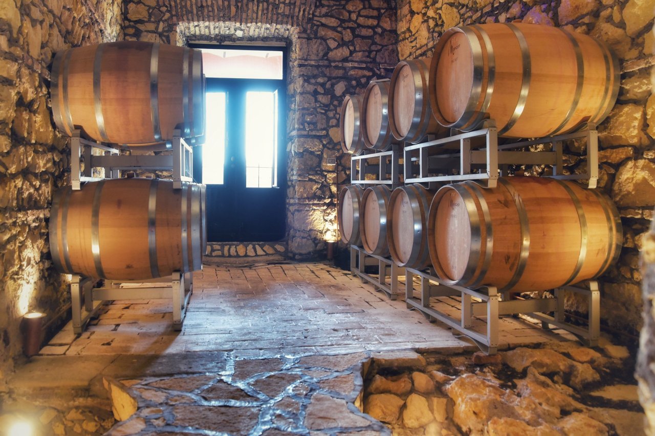 Oak barrels on metal racks in the stone-walled barrel cellar at Casa Divina Provvidenza, with a glass door at the back