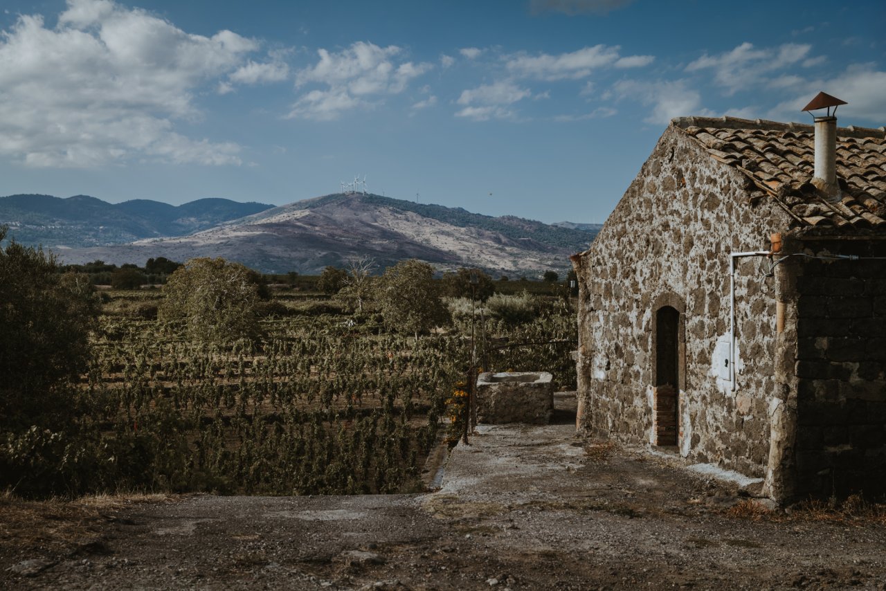 An old stone building with a tiled roof beside the vine rows of Tenute dei Ciclopi, with mountains and a hill town in the distance