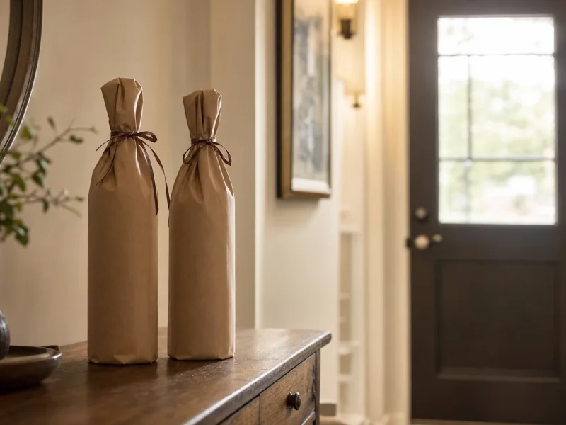 Two wine bottles wrapped in brown paper and ribbon, ready to be given as a pair