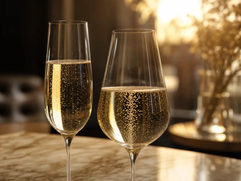 Champagne flute and wider sparkling tulip with fine bubbles on a marble counter