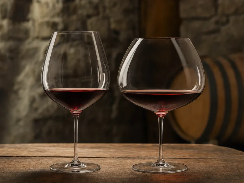 Tall Bordeaux-style glass beside a wider Burgundy balloon, both with red wine, in a wine cellar