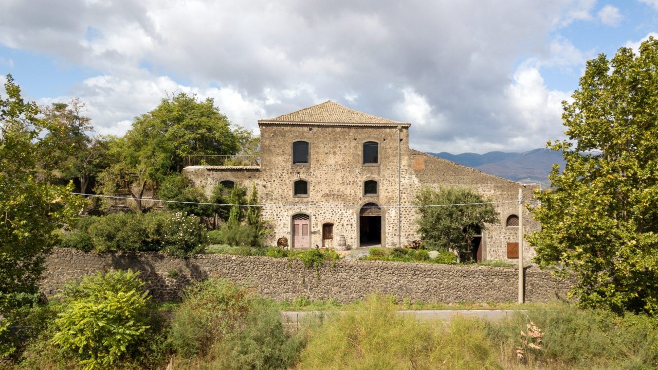 The front of Graci's 19th-century stone winery behind a lava-stone wall and trees